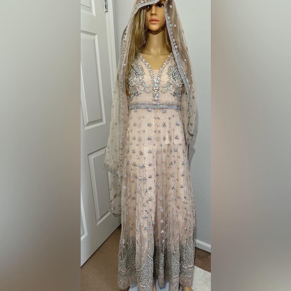 Pakistani Anarkali dress/ Indian/ Punjabi Elegant Embellished Cream Dress